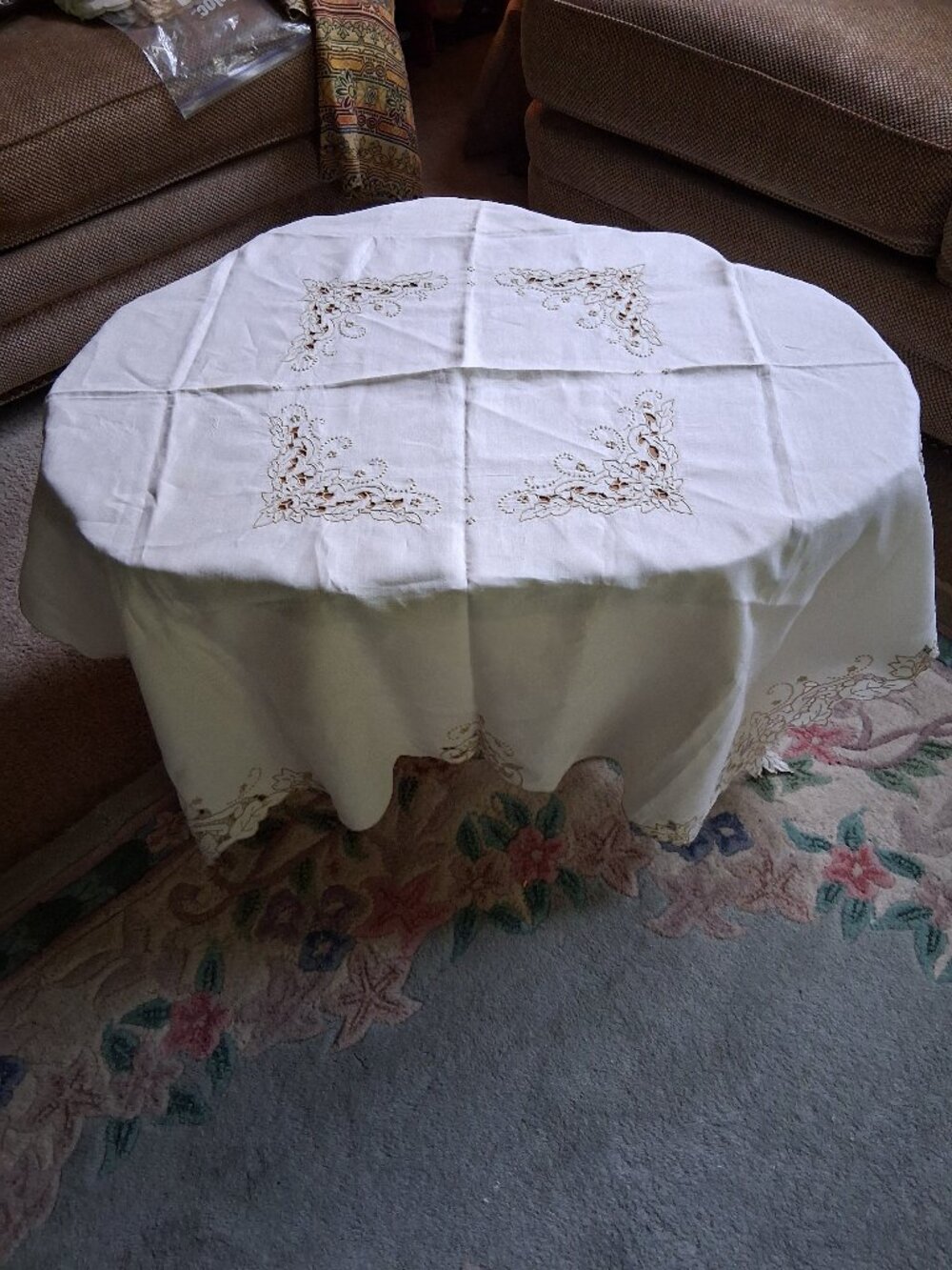 Vintage Embroidered Cutwork Tablecloth Set • 50" Square with 4 Matching Napkins